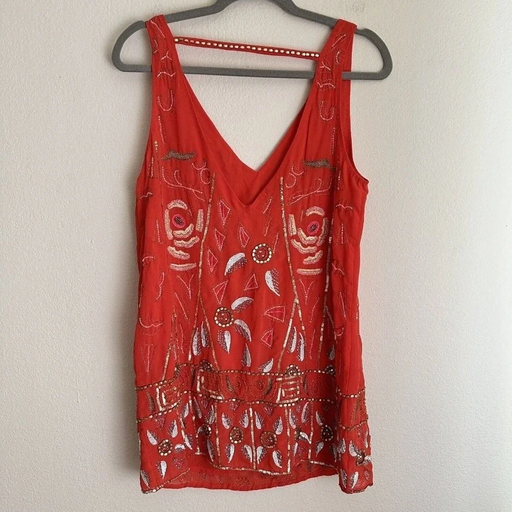 Free People Mini Dress Women XS Red Beaded Sequin‎ Boho Shift OB334008